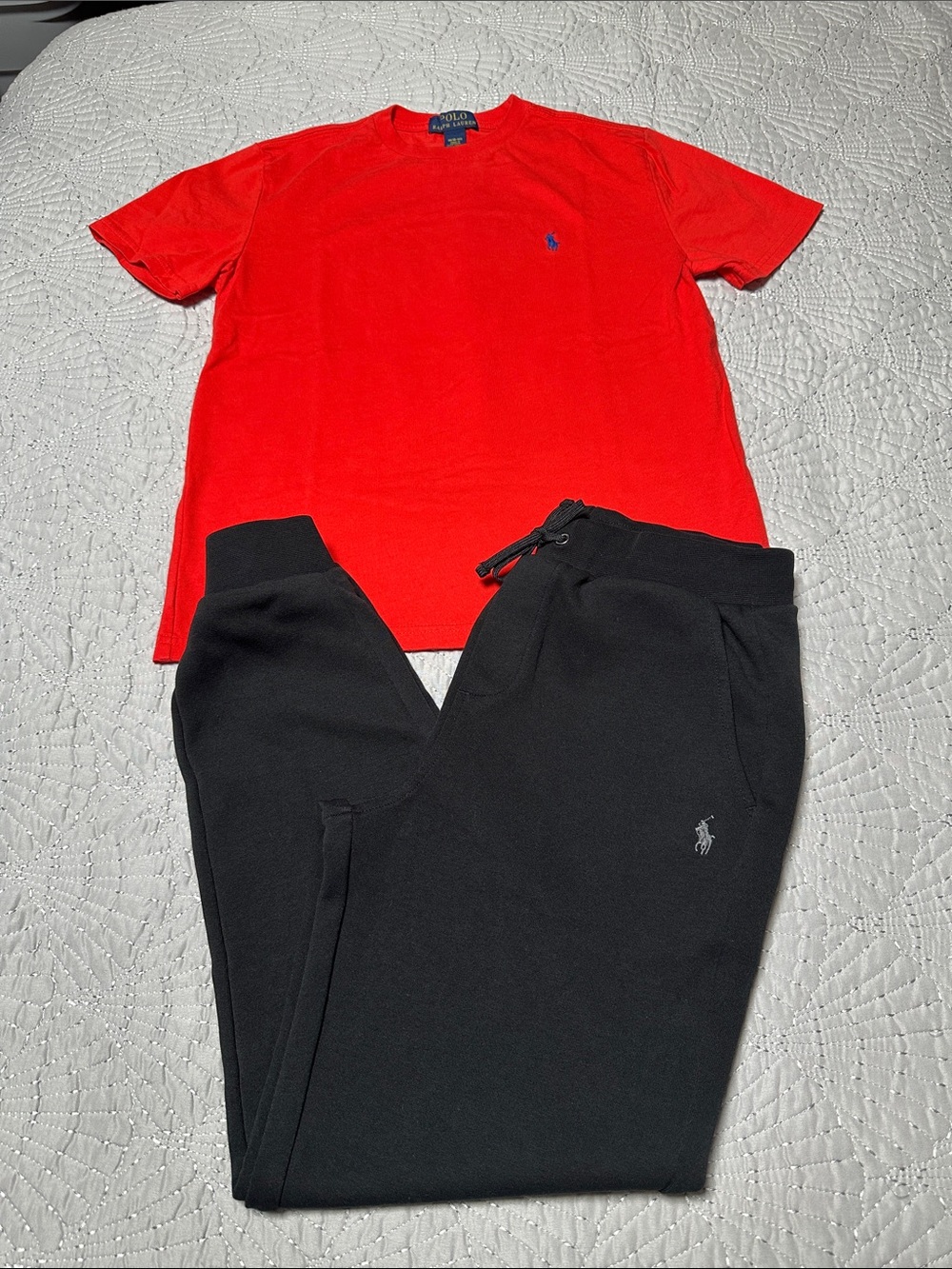 Ralph Lauren Polo Boys 2-Piece Red Tee with Black Polo Joggers, EUC, Size Medium